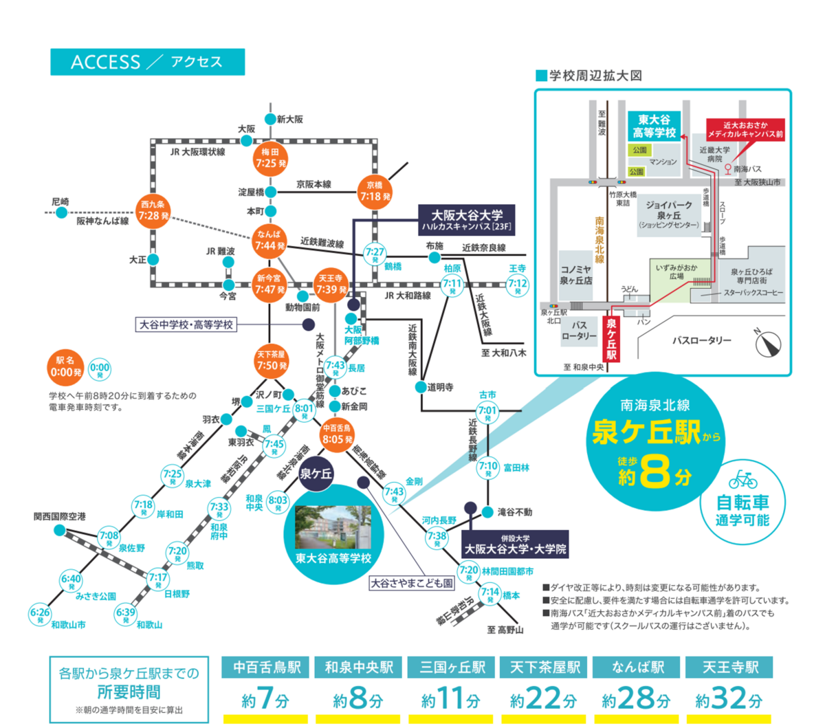 東大谷へのアクセスマップ図　泉北高速鉄道｢泉ヶ丘駅｣下車 → 徒歩約8分  自転車通学可能。